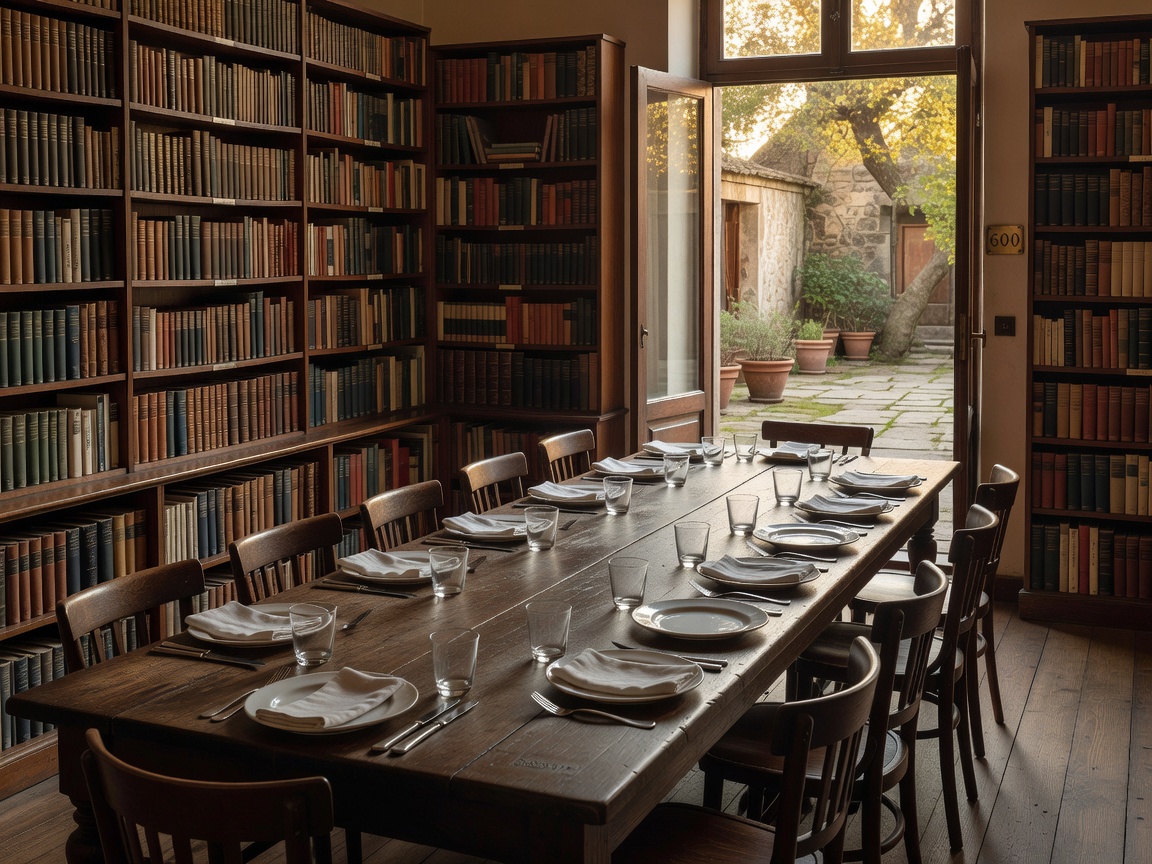 Back room with a long communal table set for twenty, shelves of books and a glass door open onto a courtyard