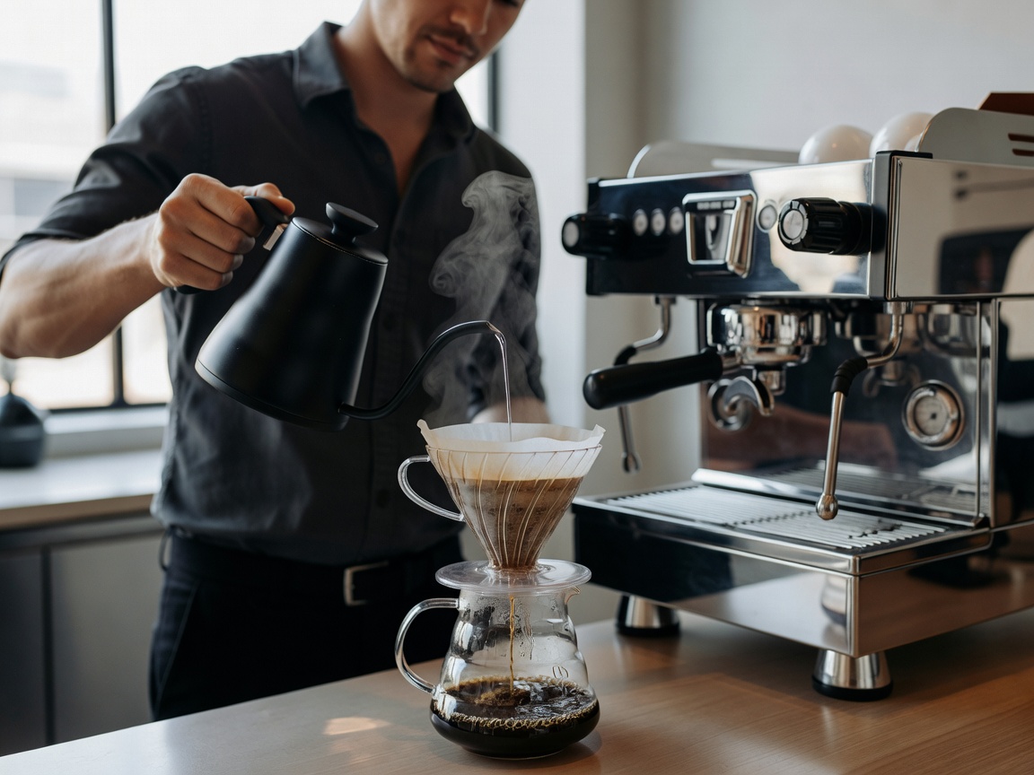 Barista pouring hot water over a V60 filter cone beside an espresso machine