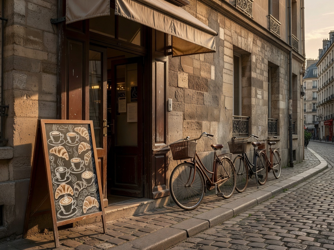 Café doorway on a Paris street with a chalkboard sign and bicycles parked outside