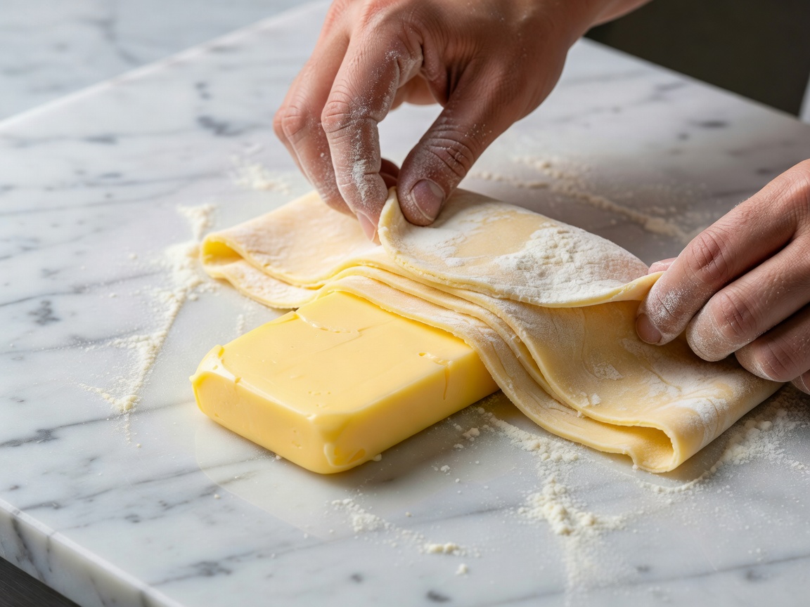 Close-up of laminated croissant dough being folded over a sheet of cold butter on a marble bench