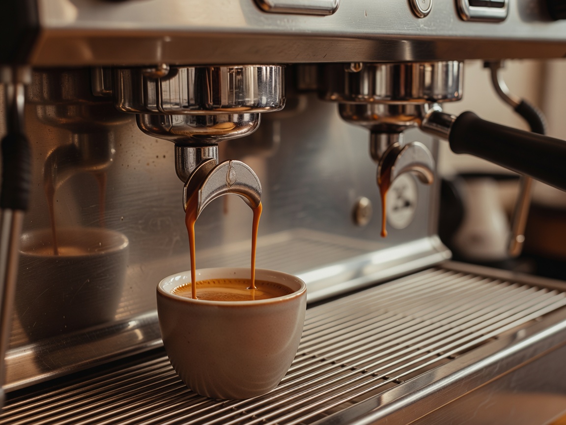 Espresso streaming from a portafilter into a small ceramic cup on a two-group machine