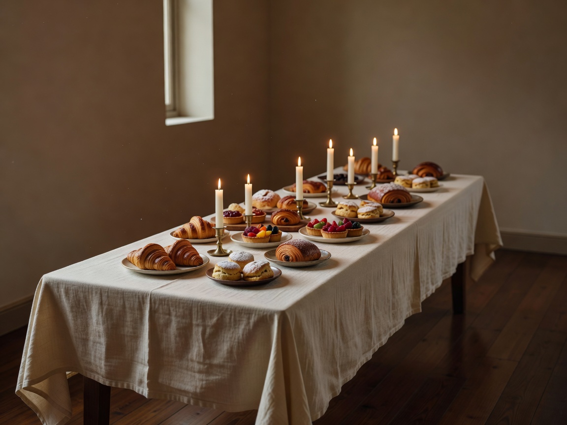 Long table laid for a private brunch with linen, candles and pastry platters in a back room