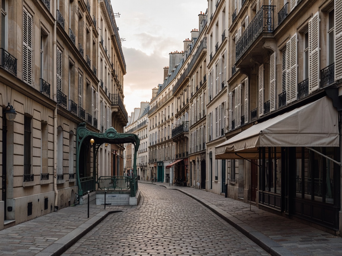 Narrow Marais street with Haussmann façades, a green Métro entrance sign and a café awning