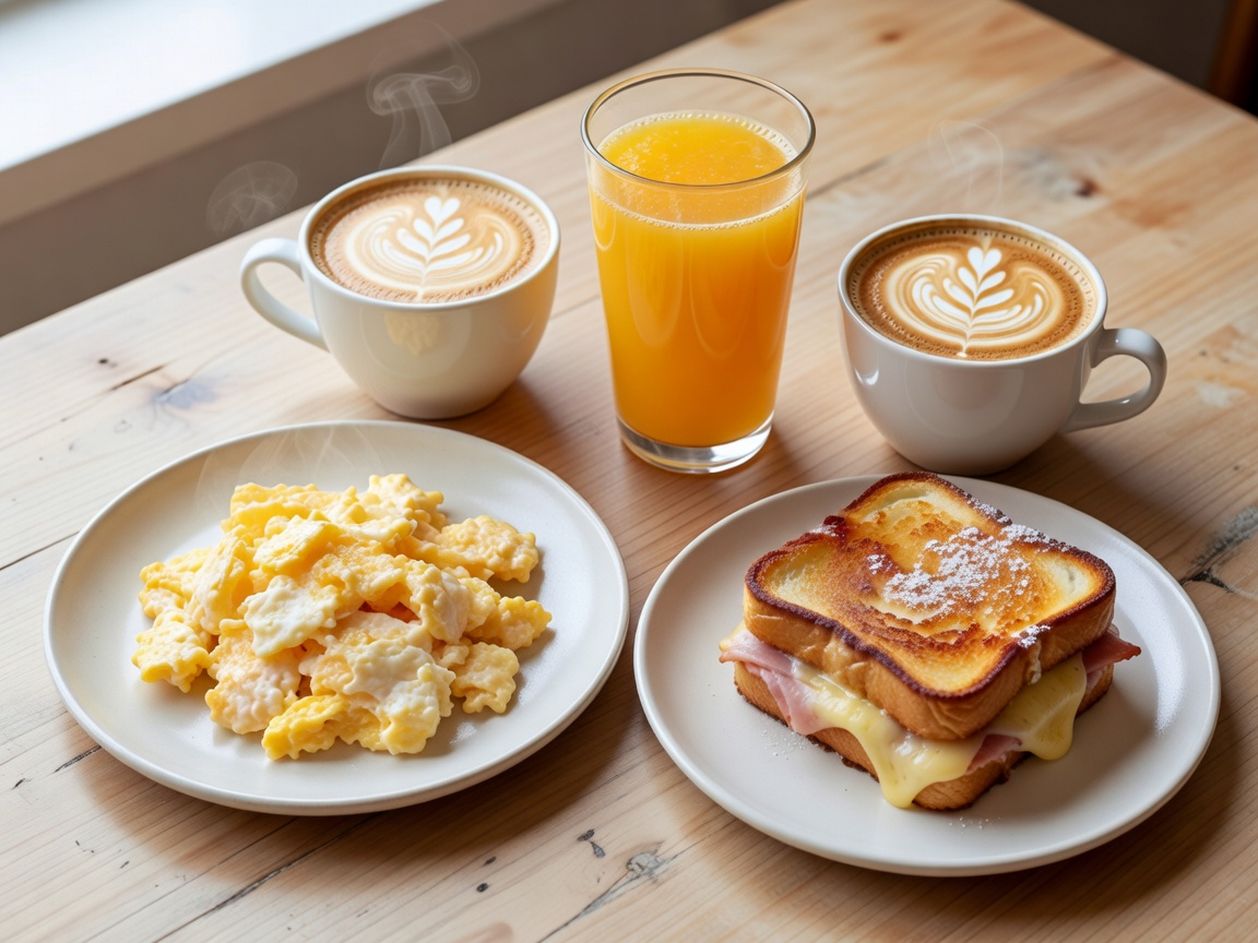 Overhead view of a brunch table with scrambled eggs, a croque, fresh orange juice and two flat whites