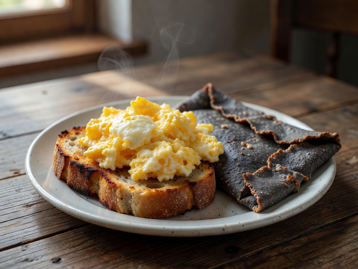 Plate of soft scrambled eggs on toasted country bread beside a buckwheat galette
