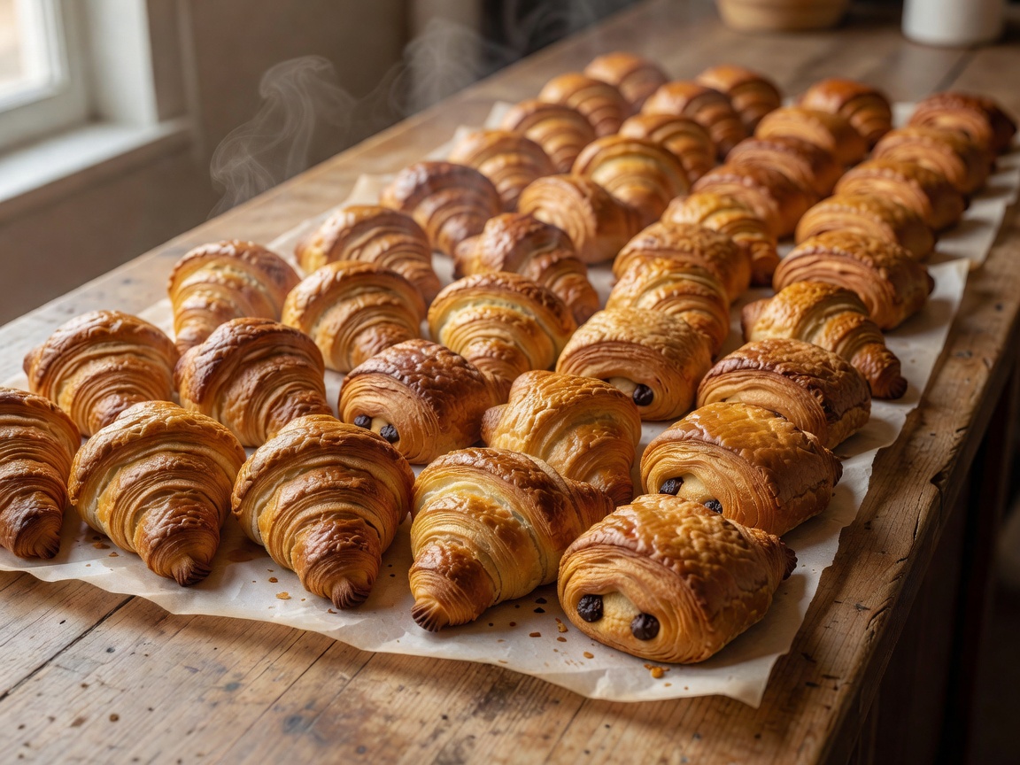 Rows of golden croissants and pains au chocolat cooling on a wooden bakery counter