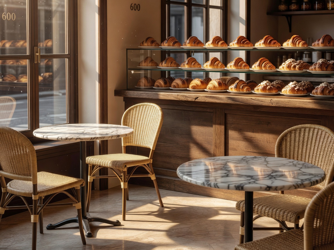 Sunlit corner café with marble tables, rattan bistro chairs and a counter display of croissants